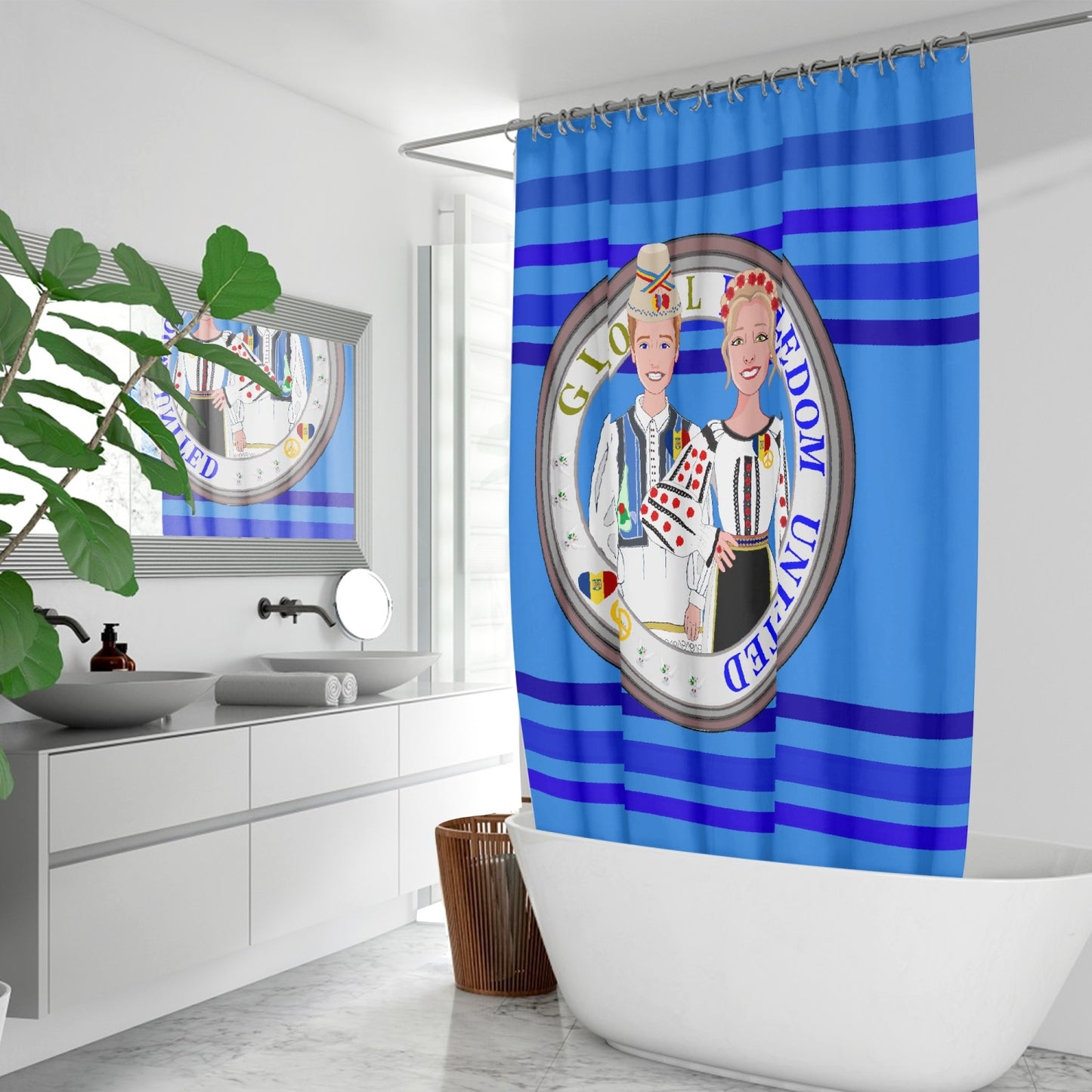 GLOBAL FREEDOM UNITED© Couple Romania Deep Blue - Quick-drying Shower Curtain