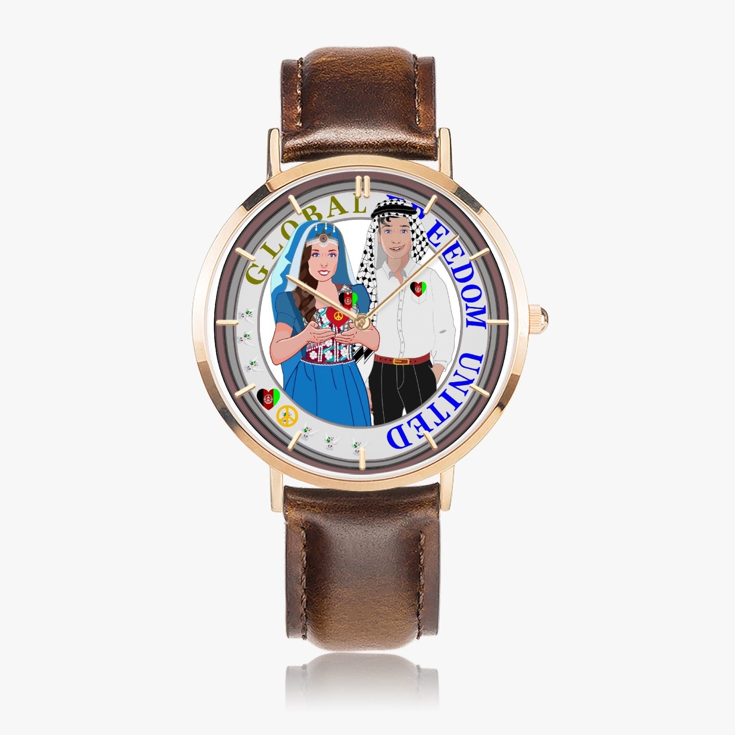 GLOBAL FREEDOM UNITED© Couple Afghanistan Hot Selling Ultra-Thin Leather Strap Quartz Watch (Rose Gold With Indicators)