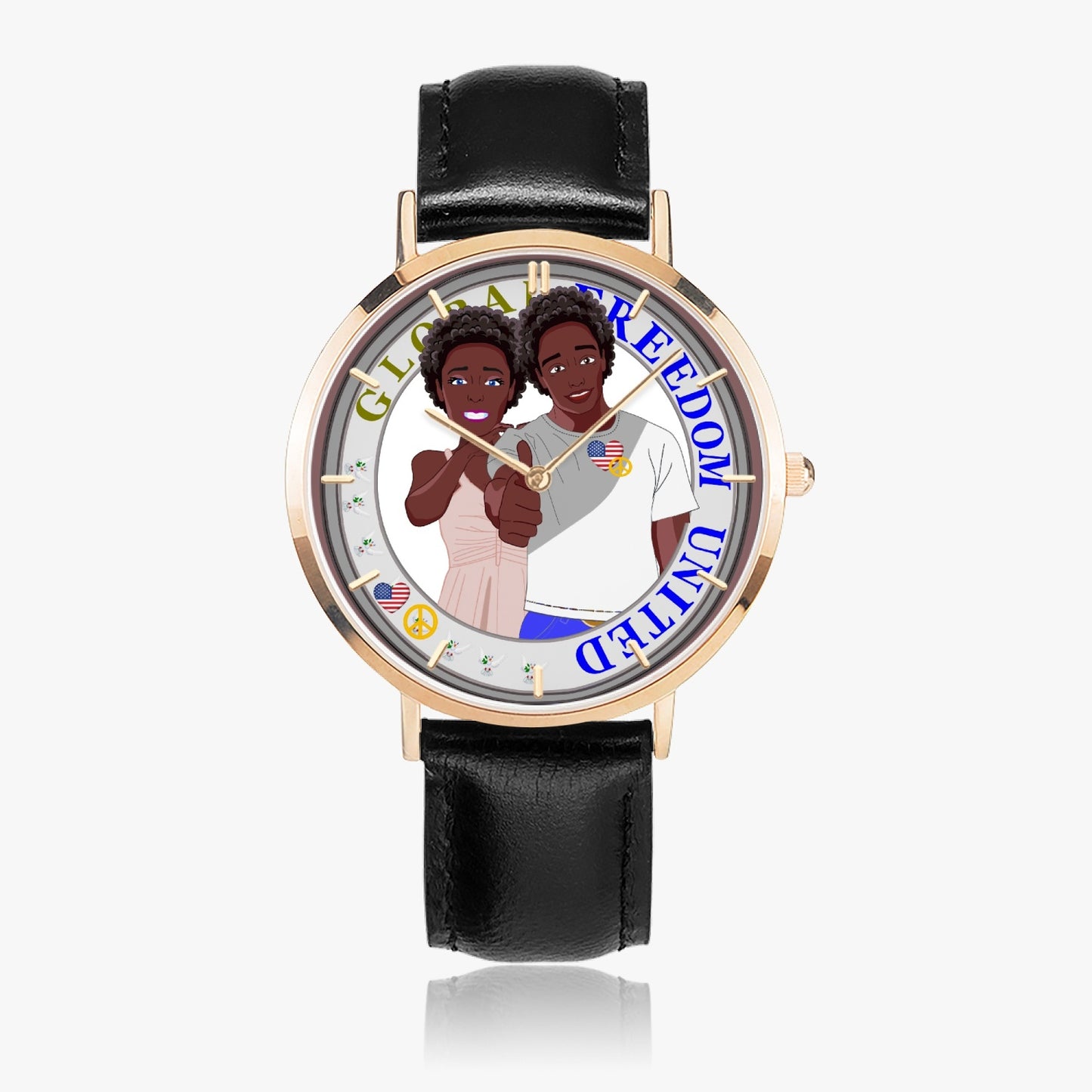 GLOBAL FREEDOM UNITED© Couple Afro American - Hot Selling Ultra-Thin Leather Strap Quartz Watch (Rose Gold With Indicators)