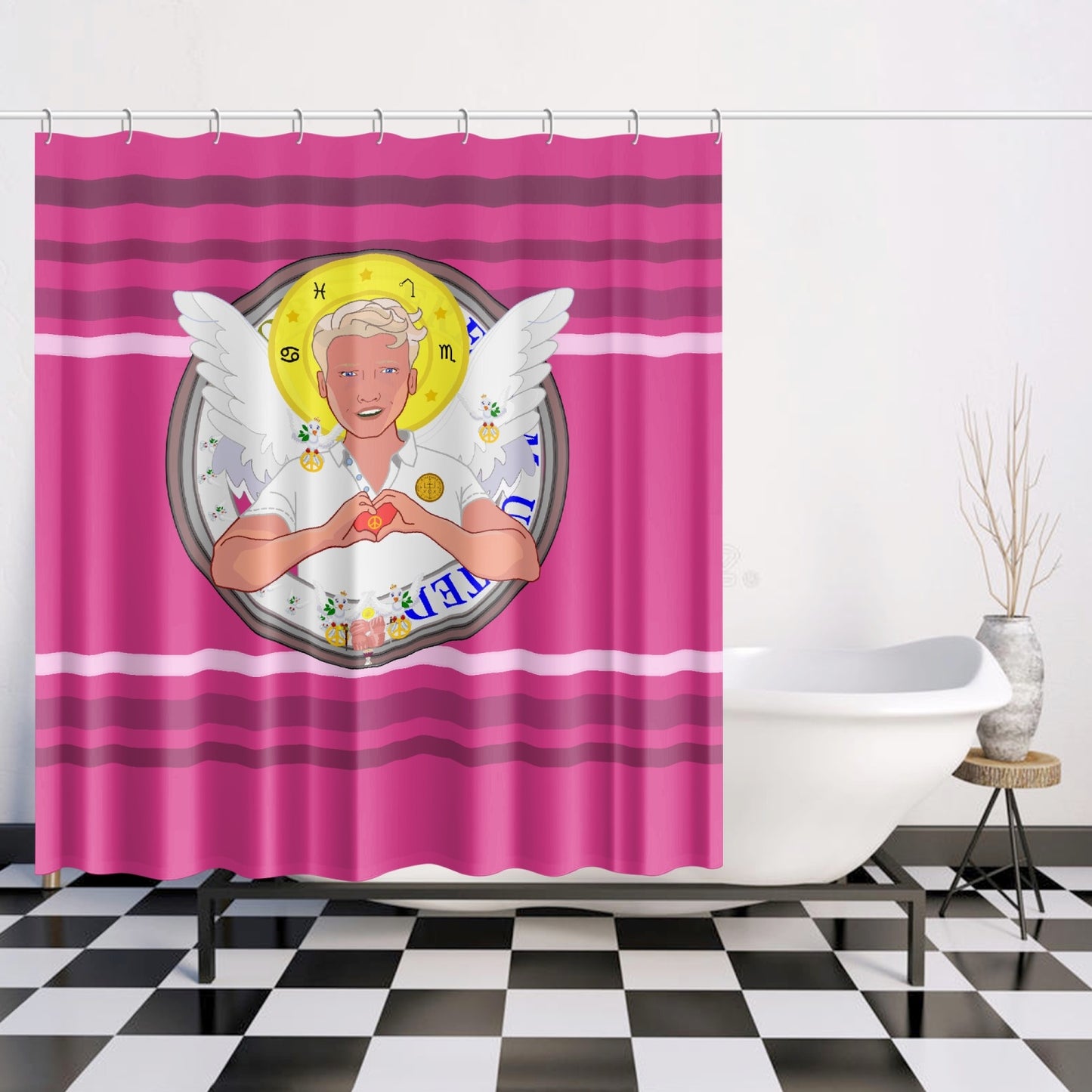 Quick-drying Shower Curtain GLOBAL FREEDOM UNITED© Archangel Rafael Pink2