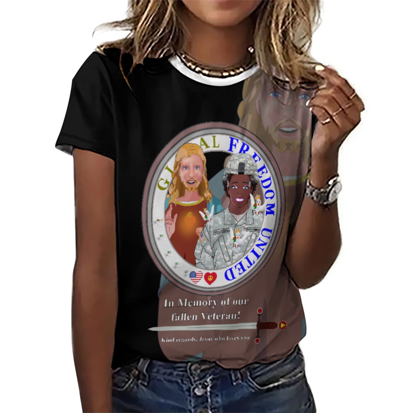 Women´s T-shirt Black GLOBAL FREEDOM UNITED© Jesus Christ For Fallen Veteran US Afro American Soldiers V2