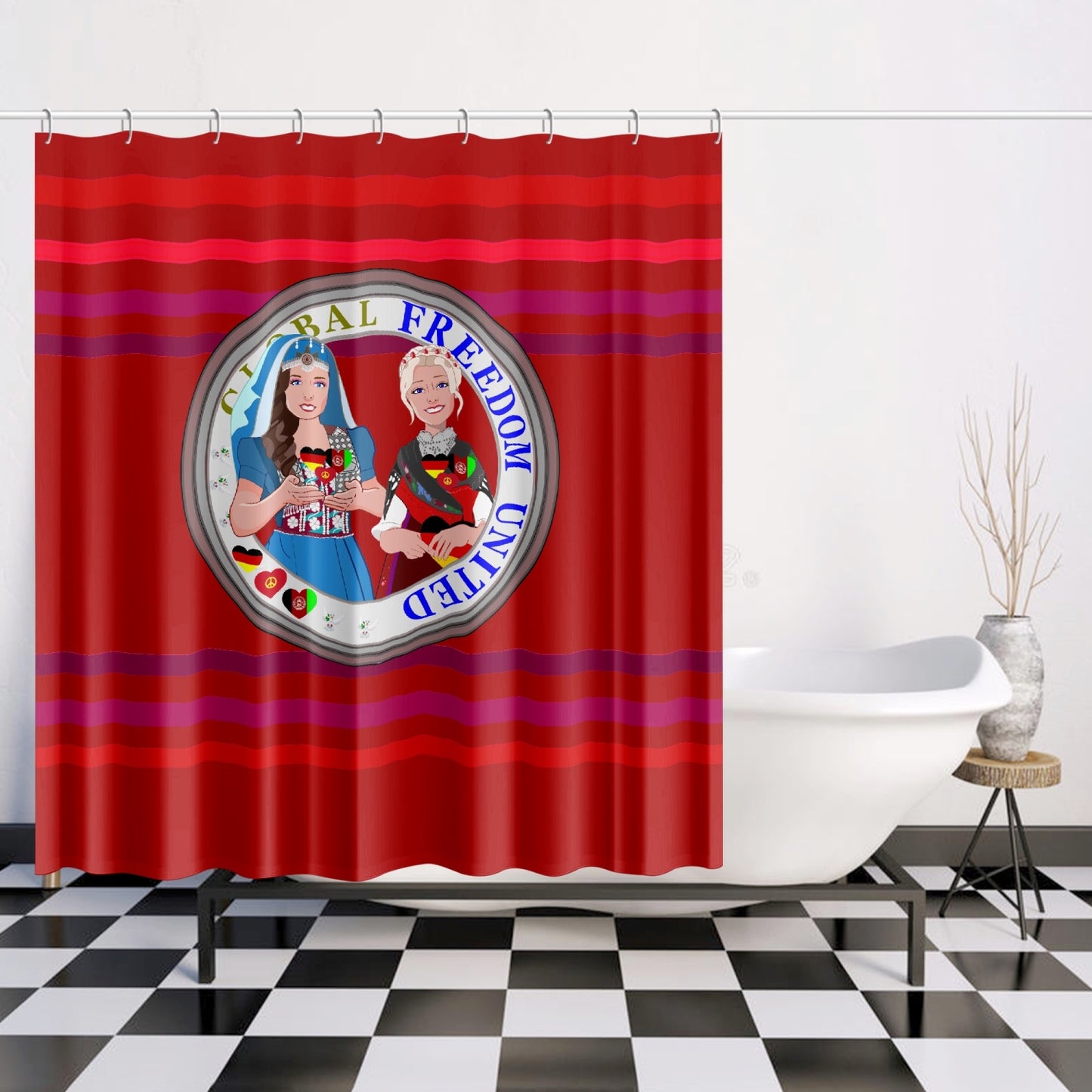 Quick-drying Shower Curtain GLOBAL FREEDOM UNITED© Women Afghanistan & Germany Red