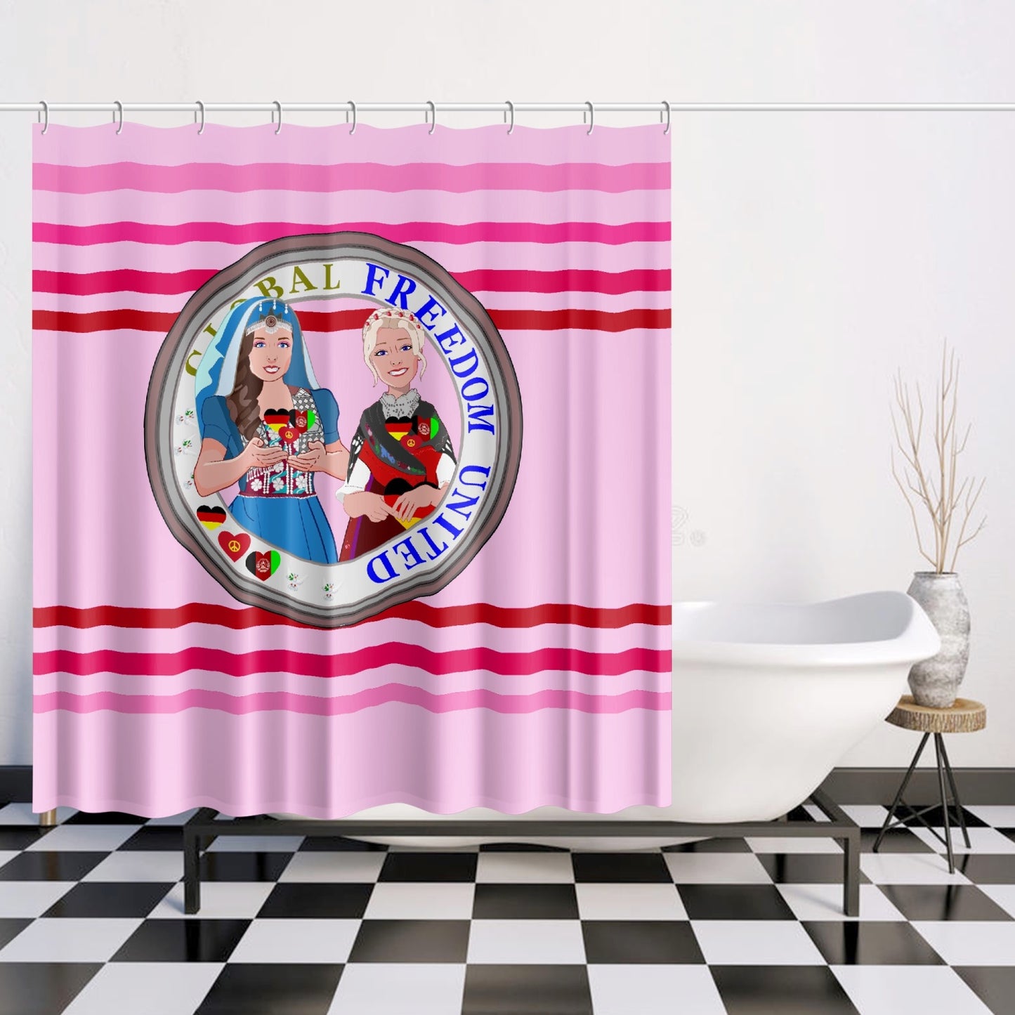Quick-drying Shower Curtain GLOBAL FREEDOM UNITED© Women Afghanistan & Germany Pink