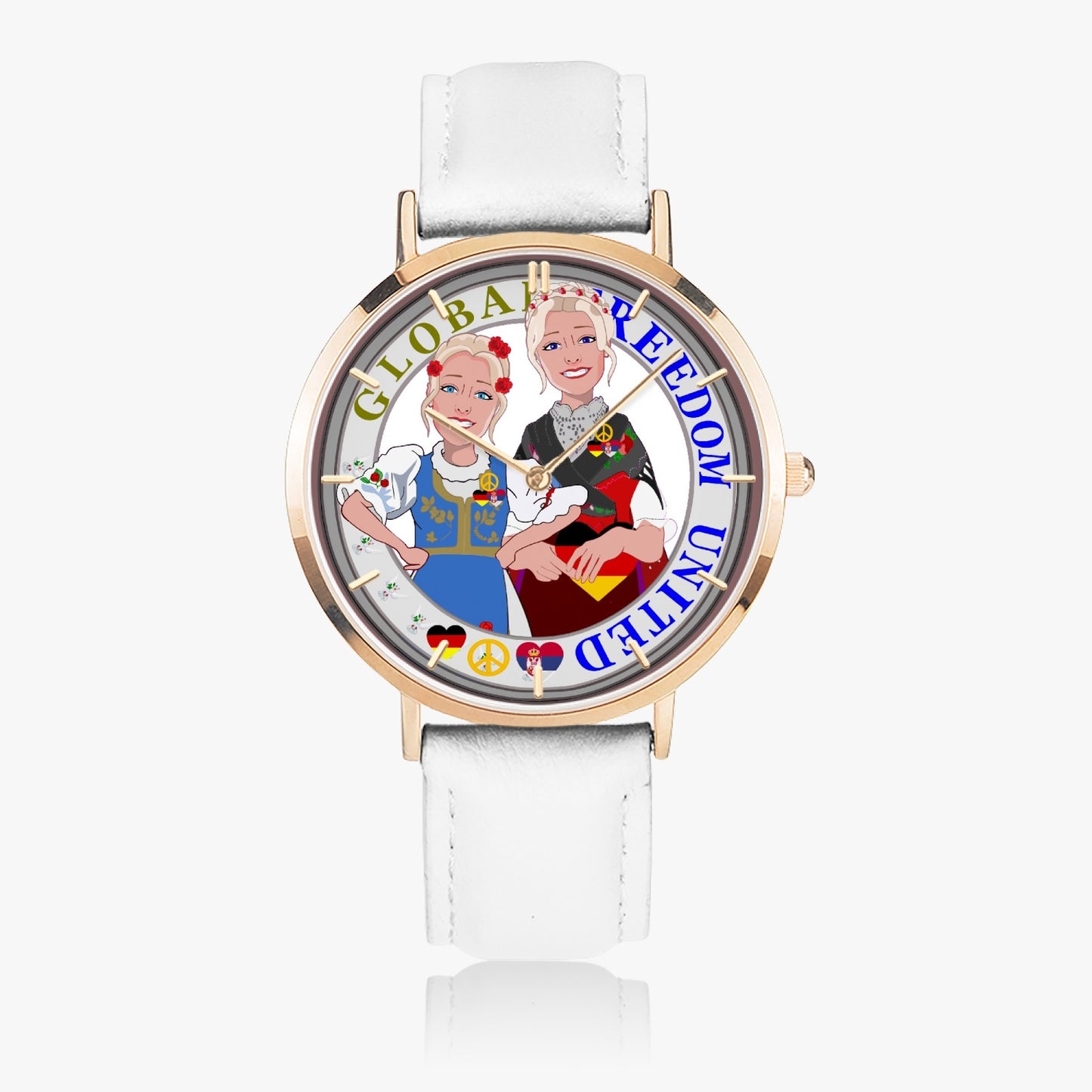 GLOBAL FREEDOM UNITED© Hot Selling Ultra-Thin Leather Strap Quartz Watch (Rose Gold With Indicators) Women Serbia & Germany V2