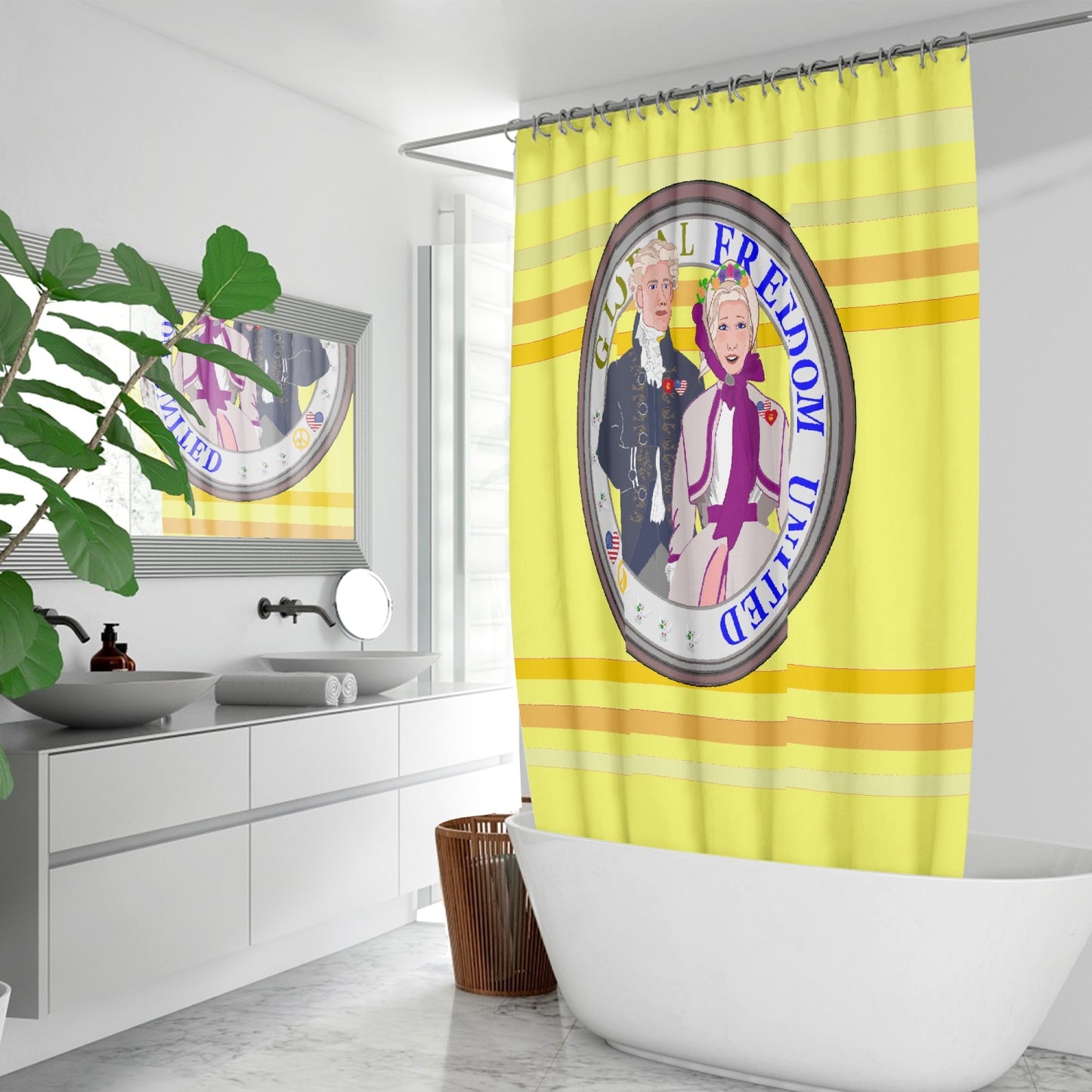 GLOBAL FREEDOM UNITED© Couple USA Georg Washington Yellow - Quick-drying Shower Curtain