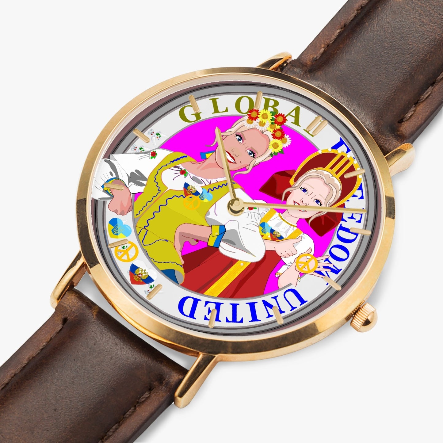 GLOBAL FREEDOM UNITED© Hot Selling Ultra-Thin Leather Strap Quartz Watch (Rose Gold With Indicators) Women Ukraina & Russia