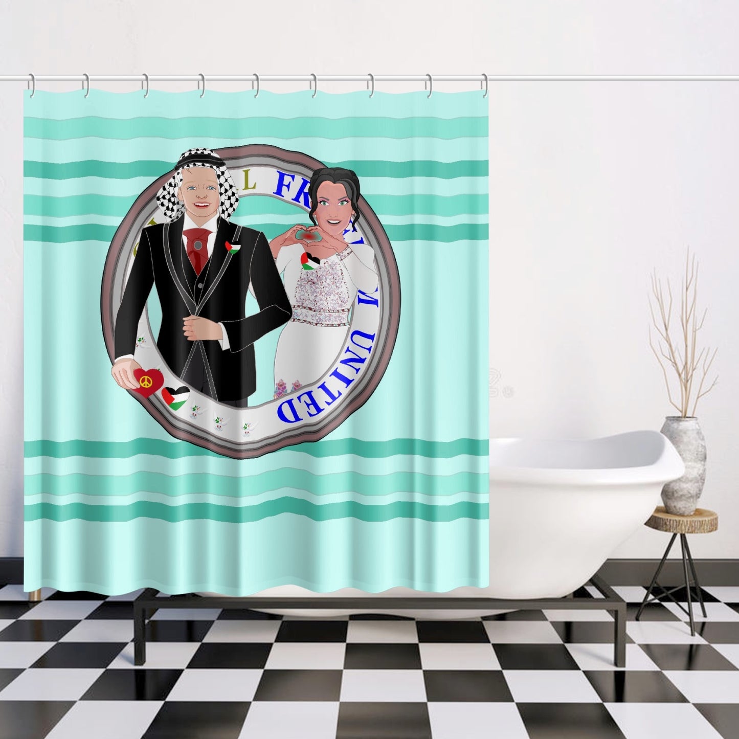 GLOBAL FREEDOM UNITED© Couple Palestina Light Green - Quick-drying Shower Curtain