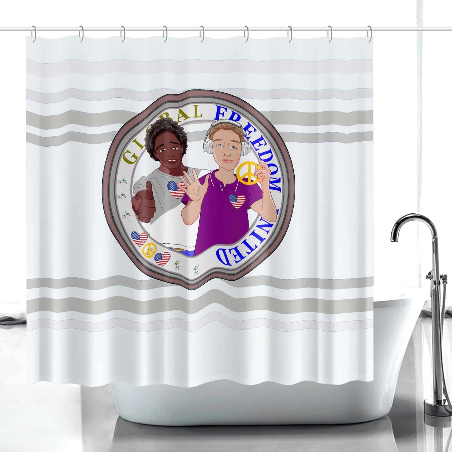 Quick-drying Shower Curtain GLOBAL FREEDOM UNITED© Men Anti Fascism & Racism USA Wight