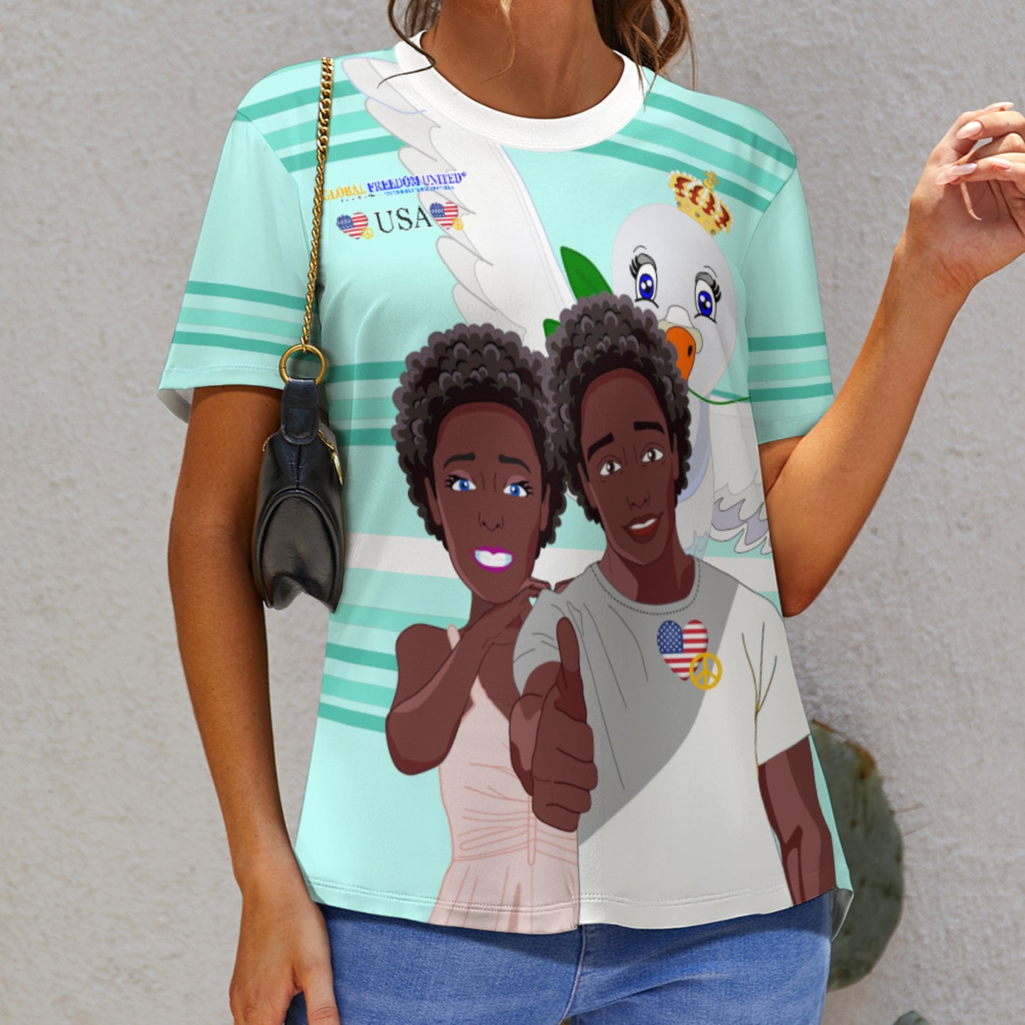 Women´s T-shirt 2 GLOBAL FREEDOM UNITED© Couple USA Afro American Light Green