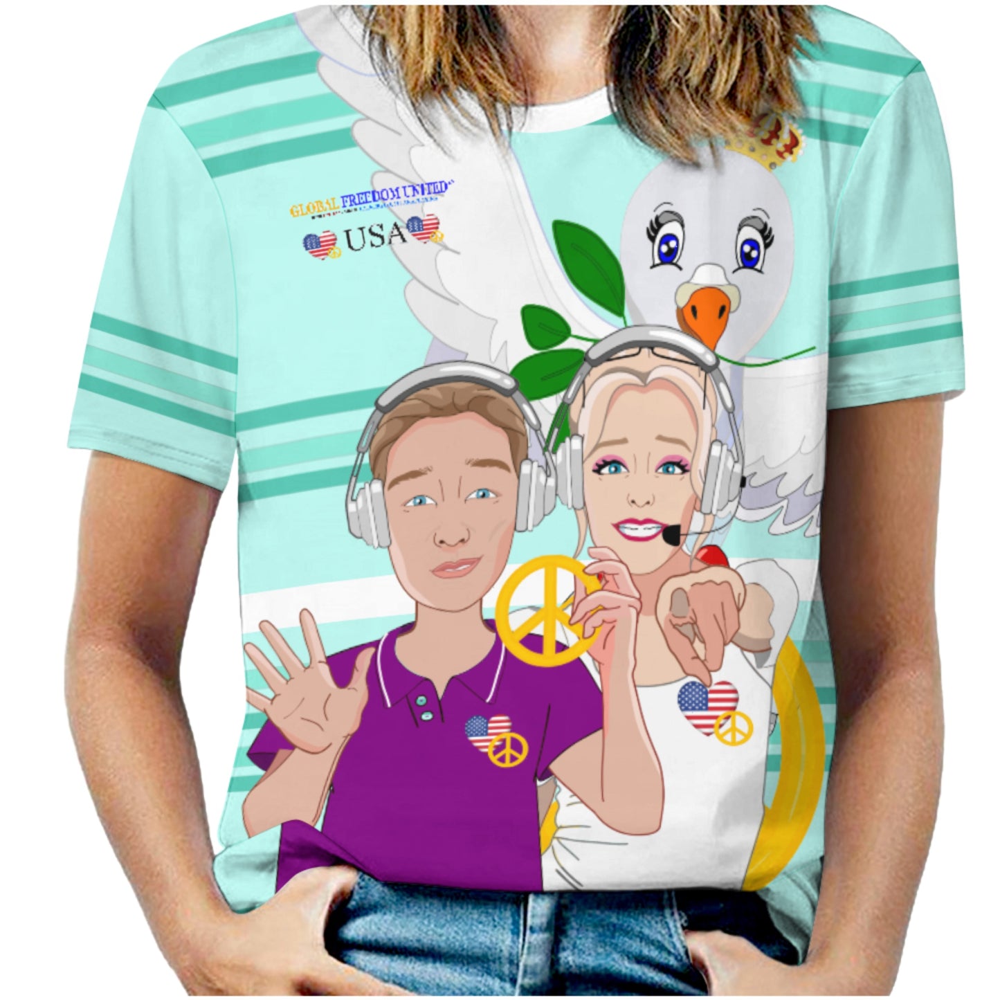 Women´s T-shirt 2 GLOBAL FREEDOM UNITED© Couple USA Wight American Light Green