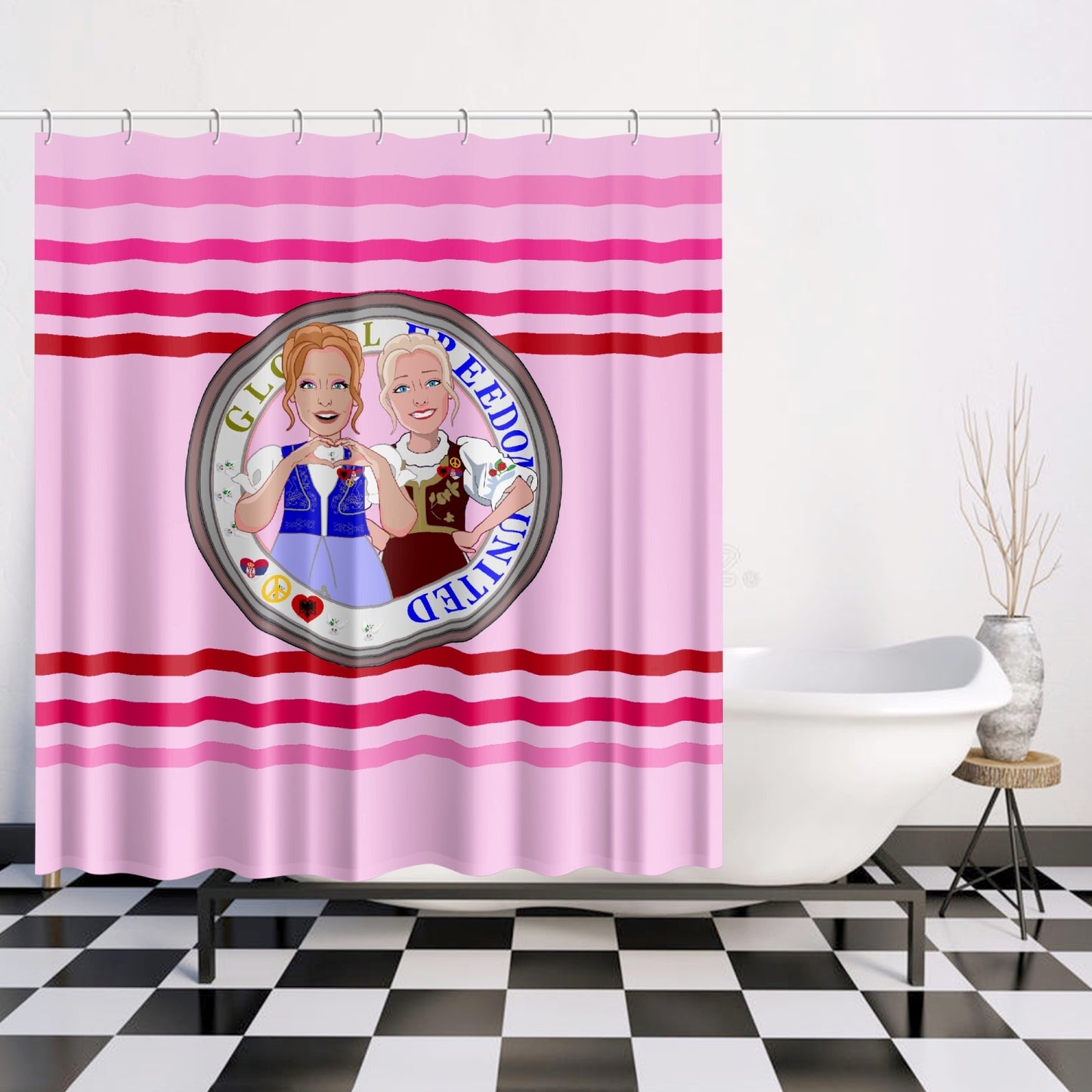 Quick-drying Shower Curtain GLOBAL FREEDOM UNITED© Women Albania & Serbia Pink