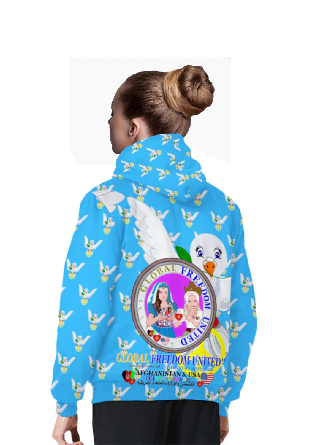 Plush Hoodie GLOBAL FREEDOM UNITED© Women AFGHANISTAN & USA Blue