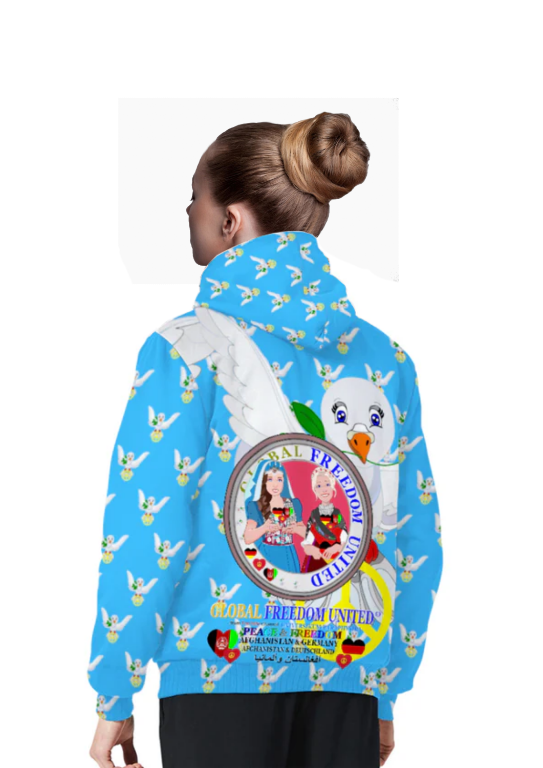 Plush Hoodie GLOBAL FREEDOM UNITED© AFGHANISTAN & GERMANY Blue Dove Of Peace