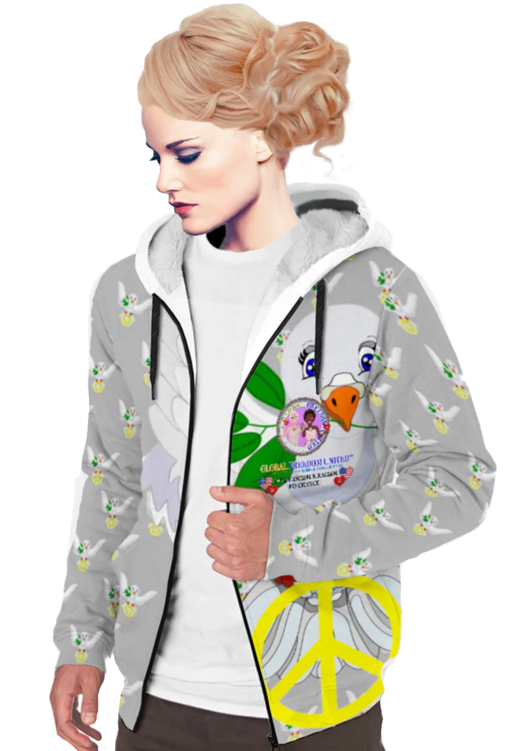 Plush Hoodie GLOBAL FREEDOM UNITED© Women Anti Racism & Fascism USA Grey