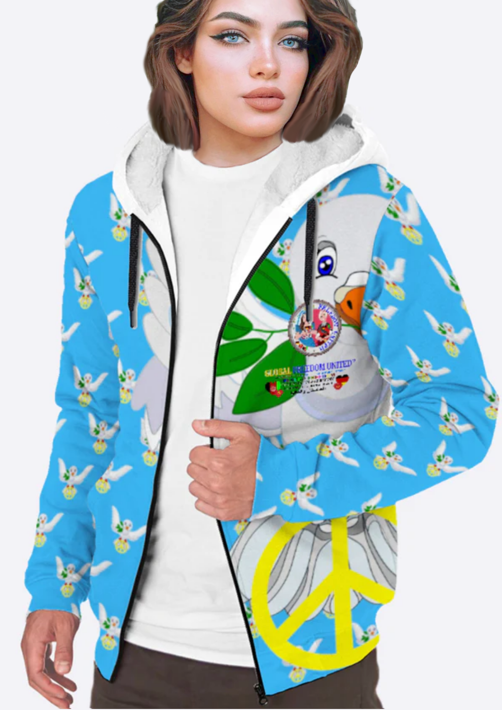 Plush Hoodie GLOBAL FREEDOM UNITED© AFGHANISTAN & GERMANY Blue Dove Of Peace