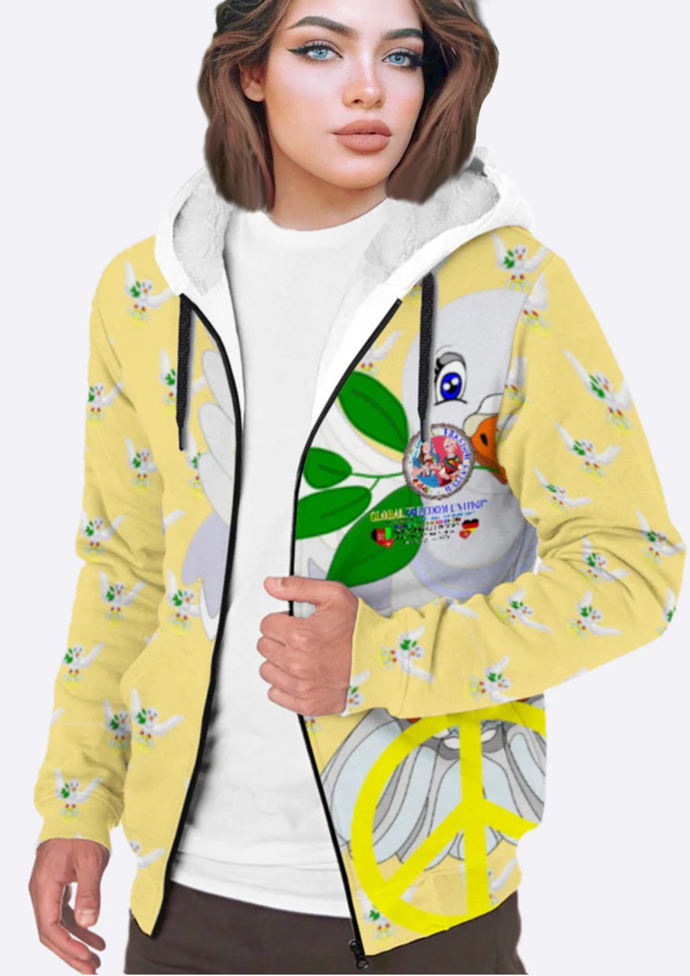 Plush Hoodie GLOBAL FREEDOM UNITED© AFGHANISTAN & GERMANY Yellow Dove Of Peace