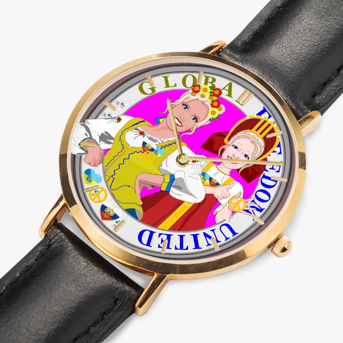 GLOBAL FREEDOM UNITED© Hot Selling Ultra-Thin Leather Strap Quartz Watch (Rose Gold With Indicators) Women Ukraina & Russia