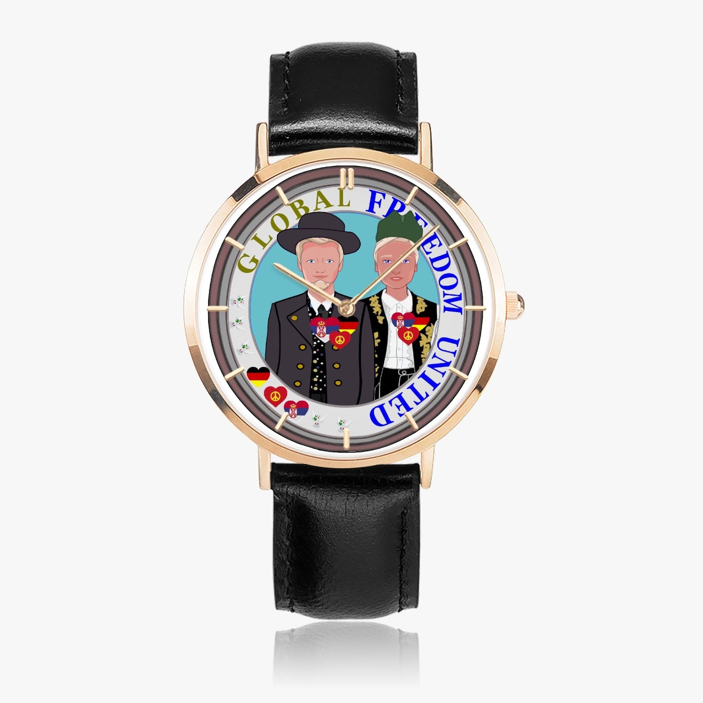 GLOBAL FREEDOM UNITED© Men Serbia & Germany V1Hot Selling Ultra-Thin Leather Strap Quartz Watch (Rose Gold With Indicators)