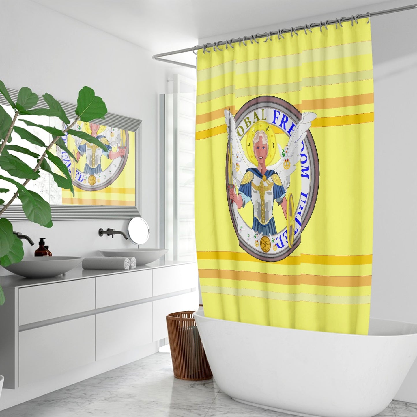 Quick-drying Shower Curtain GLOBAL FREEDOM UNITED© Archangel Michael Version 1 Yellow