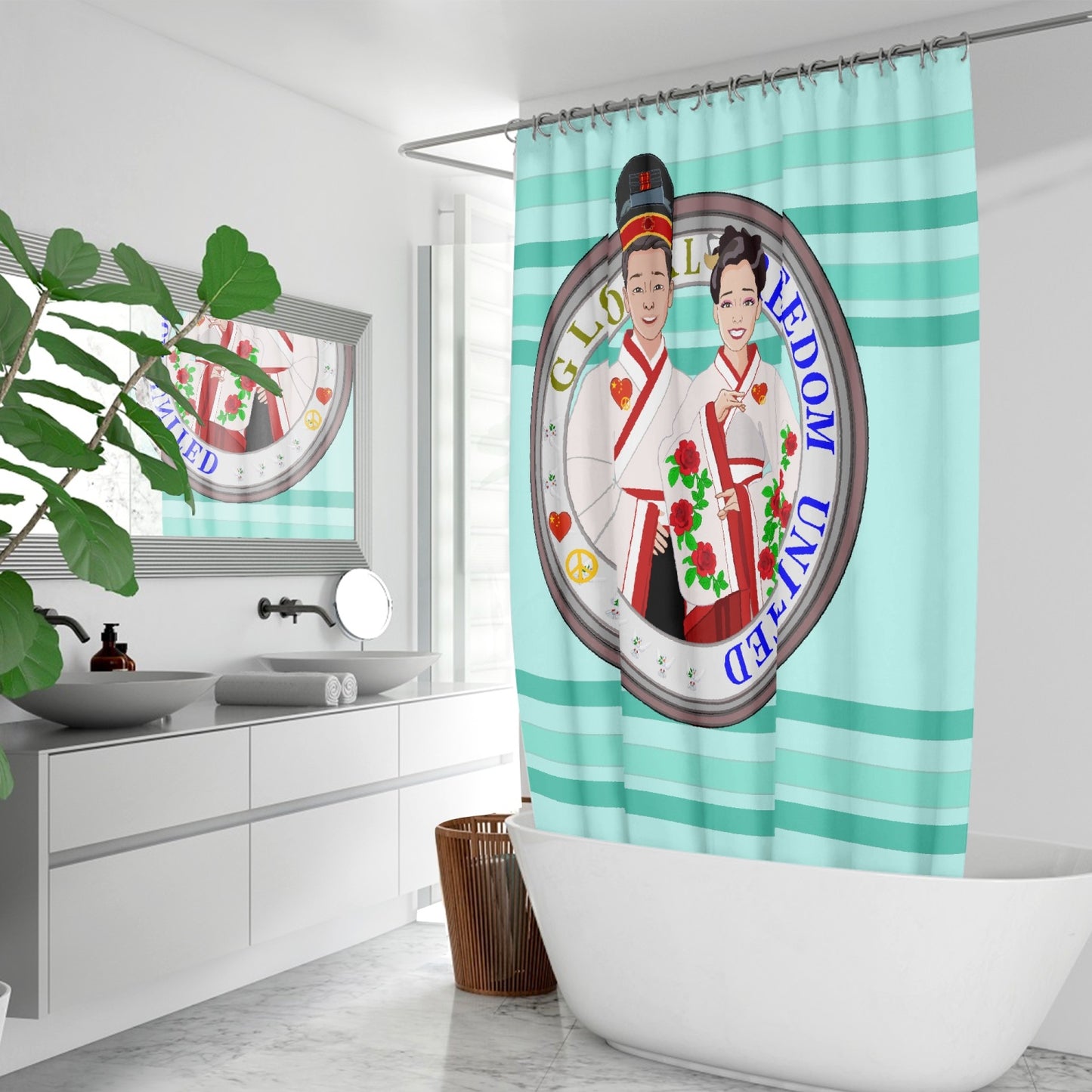 GLOBAL FREEDOM UNITED© Couple China Light Green - Quick-drying Shower Curtain