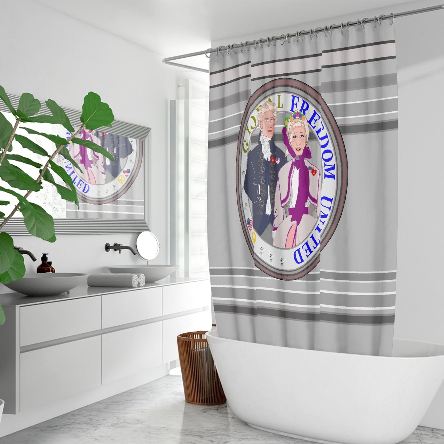 GLOBAL FREEDOM UNITED© Couple USA Georg Washington Grey - Quick-drying Shower Curtain