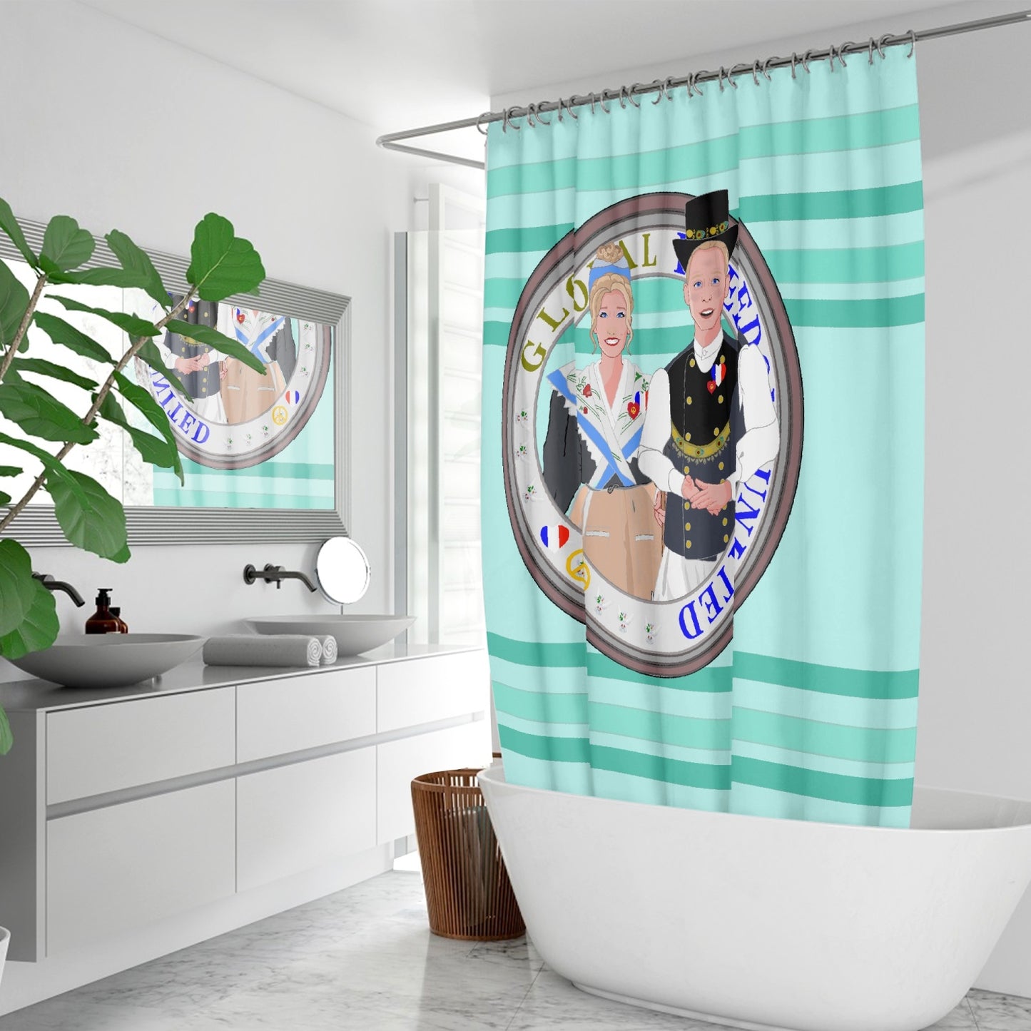 GLOBAL FREEDOM UNITED© Couple France Light Green - Quick-drying Shower Curtain