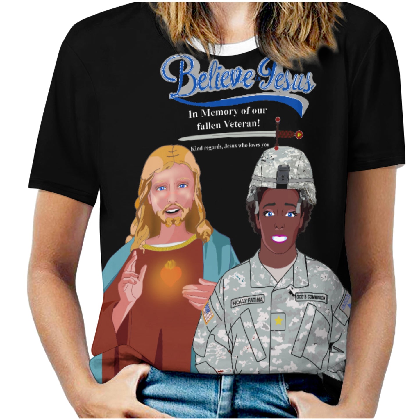 Women´s Black T-shirt Black GLOBAL FREEDOM UNITED© Jesus Christ For Fallen Veteran US  Afro American Soldiers V2