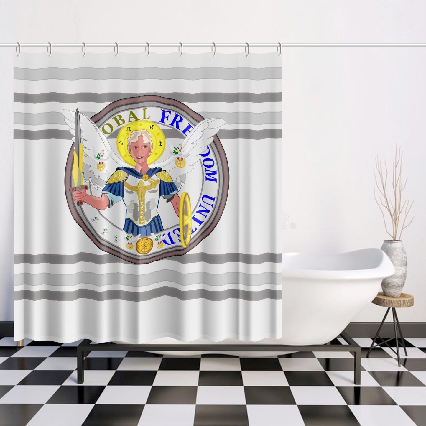 Quick-drying Shower Curtain GLOBAL FREEDOM UNITED© Archangel Michael Version 1 Grey