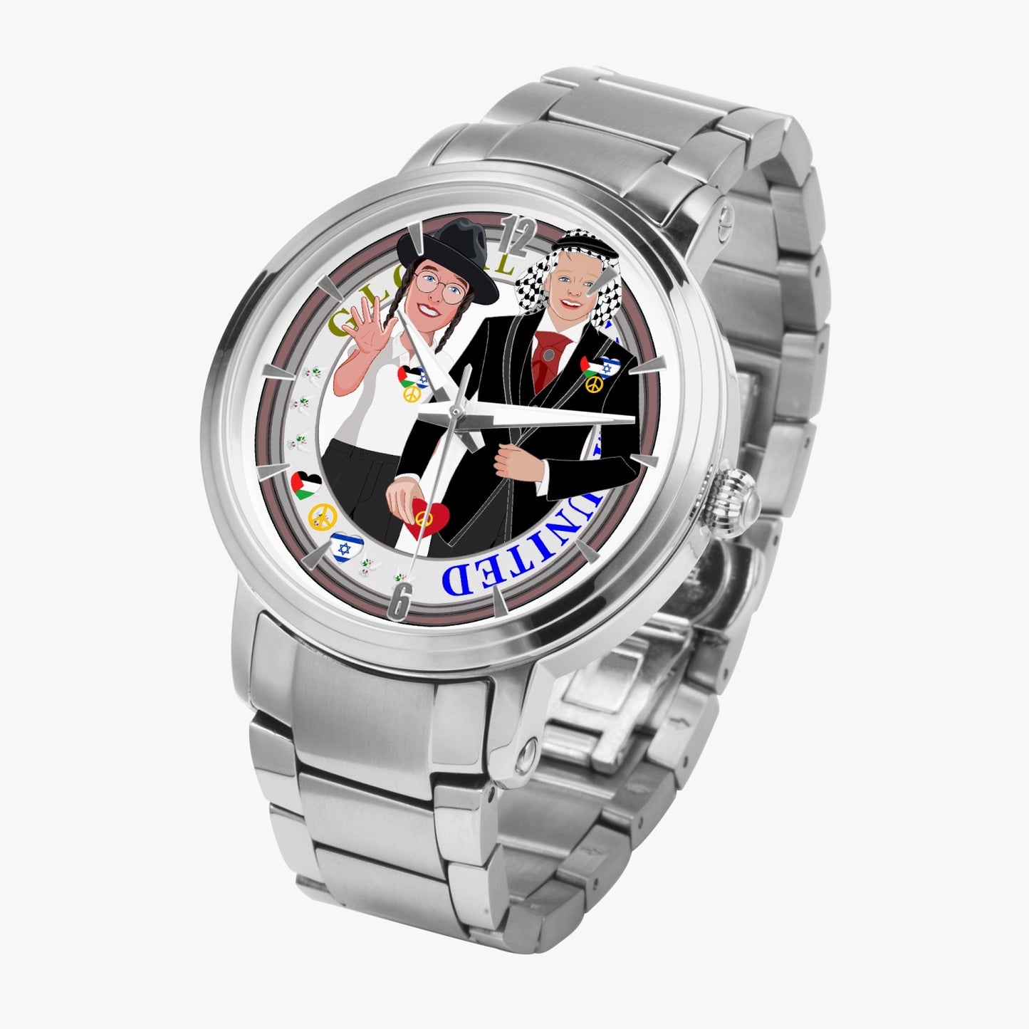 GLOBAL FREEDOM UNITED© New Steel Strap Automatic Watch (With Indicators) Men Israel & Palestina