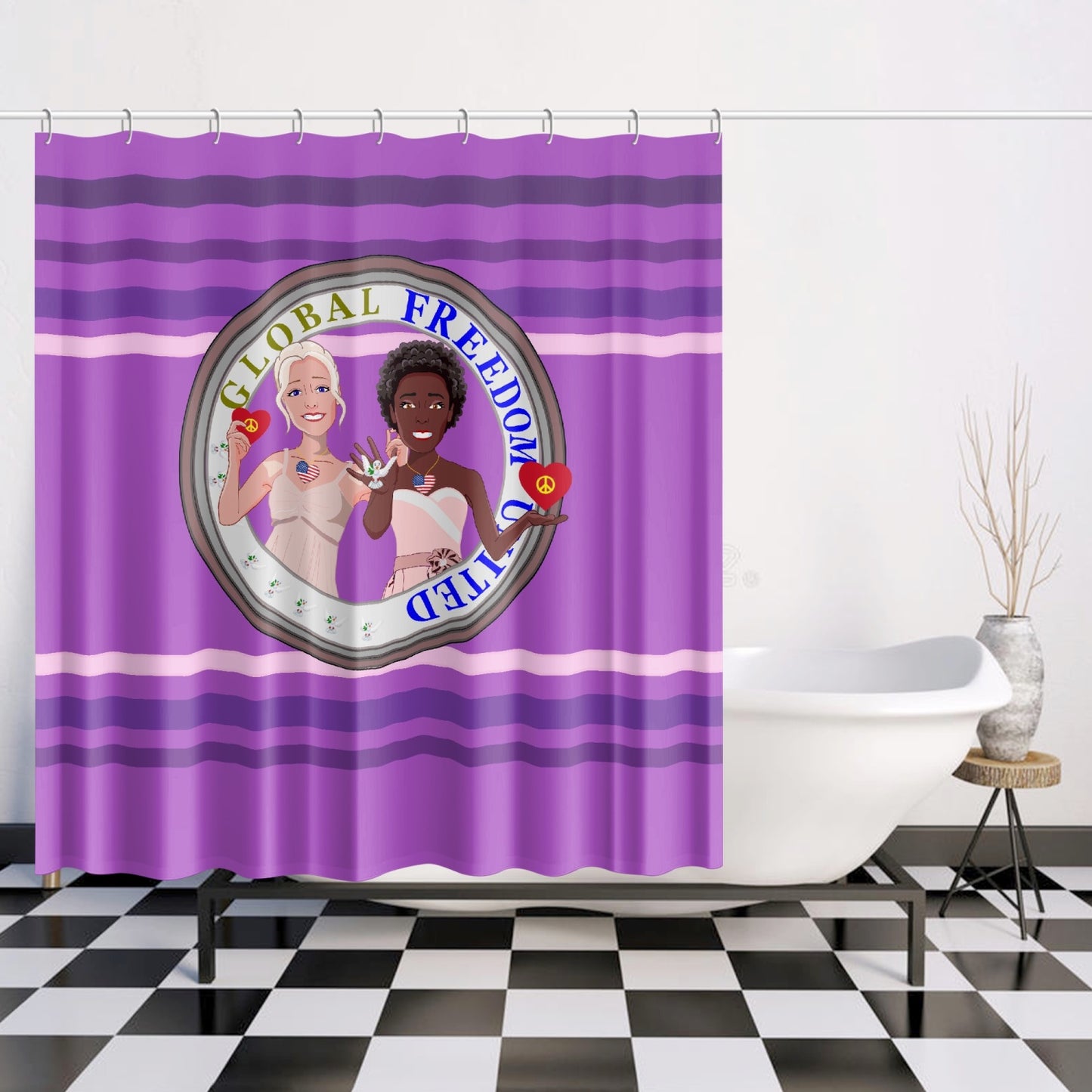 Quick-drying Shower Curtain GLOBAL FREEDOM UNITED© Men Anti Fascism & Racism USA Lilac