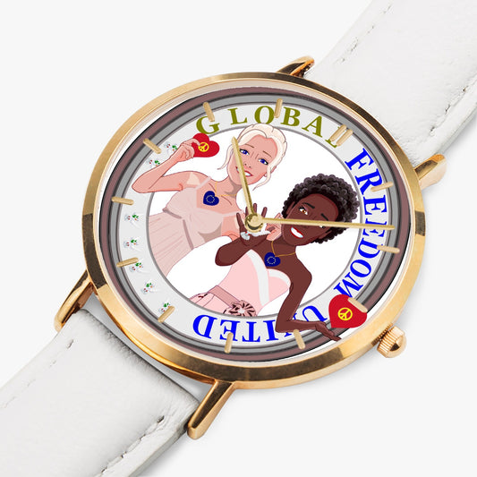 GLOBAL FREEDOM UNITED©  Hot Selling Ultra-Thin Leather Strap Quartz Watch (Rose Gold With Indicators) Women ANTI FASCISM & RACISM EUROPE