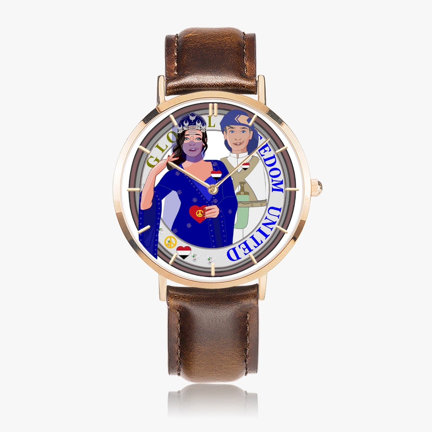 GLOBAL FREEDOM UNITED© Couple Yemen Hot Selling Ultra-Thin Leather Strap Quartz Watch (Rose Gold With Indicators)