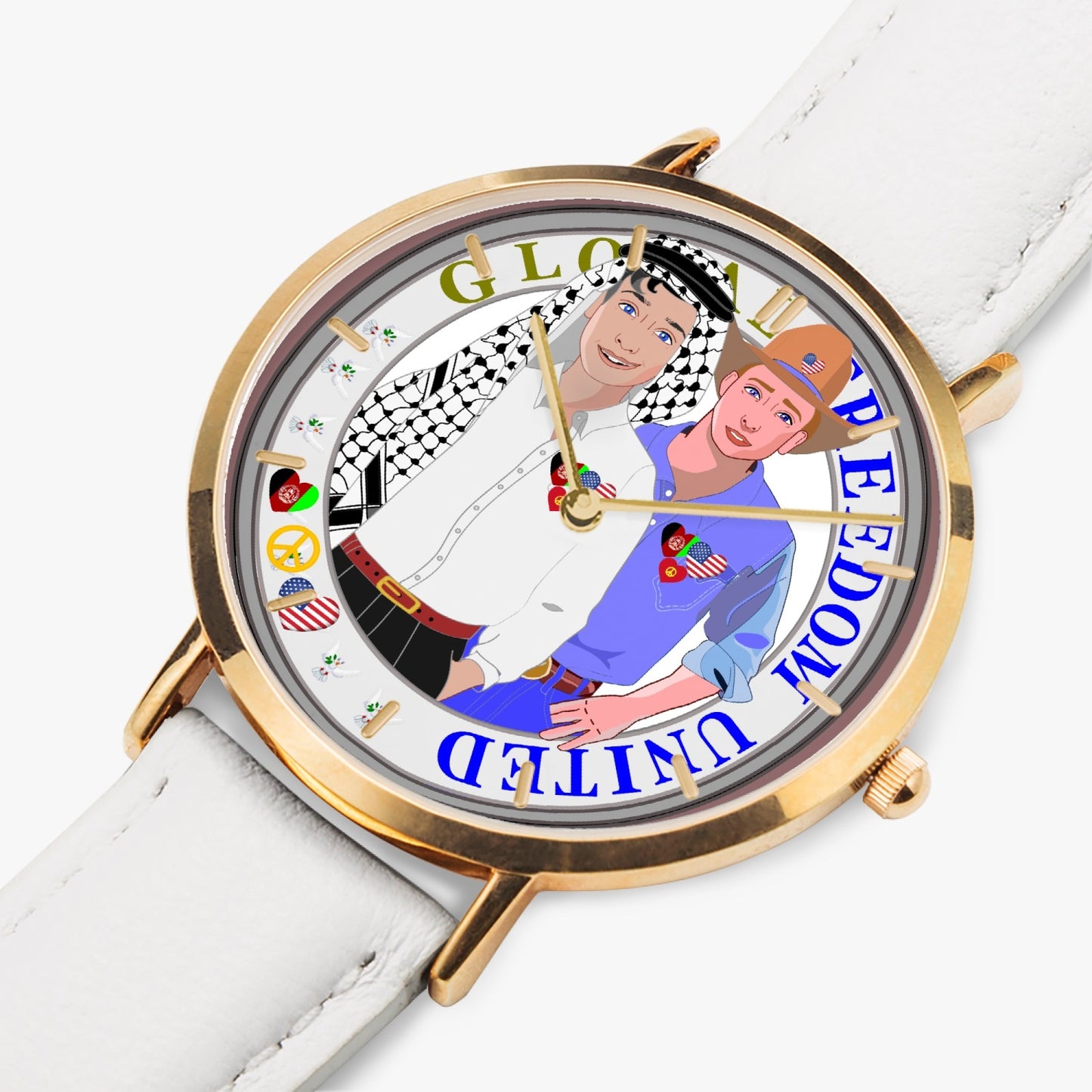 GLOBAL FREEDOM UNITED© Hot Selling Ultra-Thin Leather Strap Quartz Watch (Rose Gold With Indicators) Men Afghanistan & USA V1