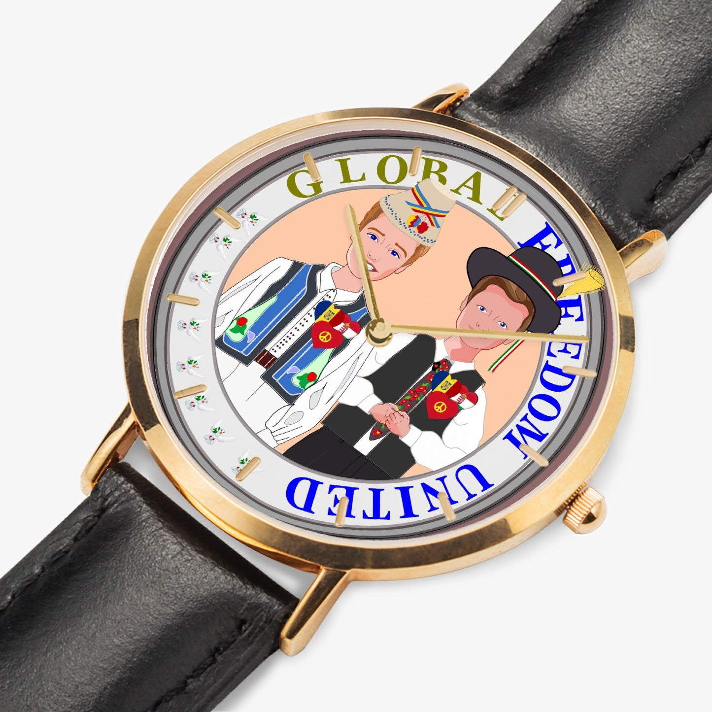 GLOBAL FREEDOM UNITED© Hot Selling Ultra-Thin Leather Strap Quartz Watch (Rose Gold With Indicators) Men Romania & Hungary