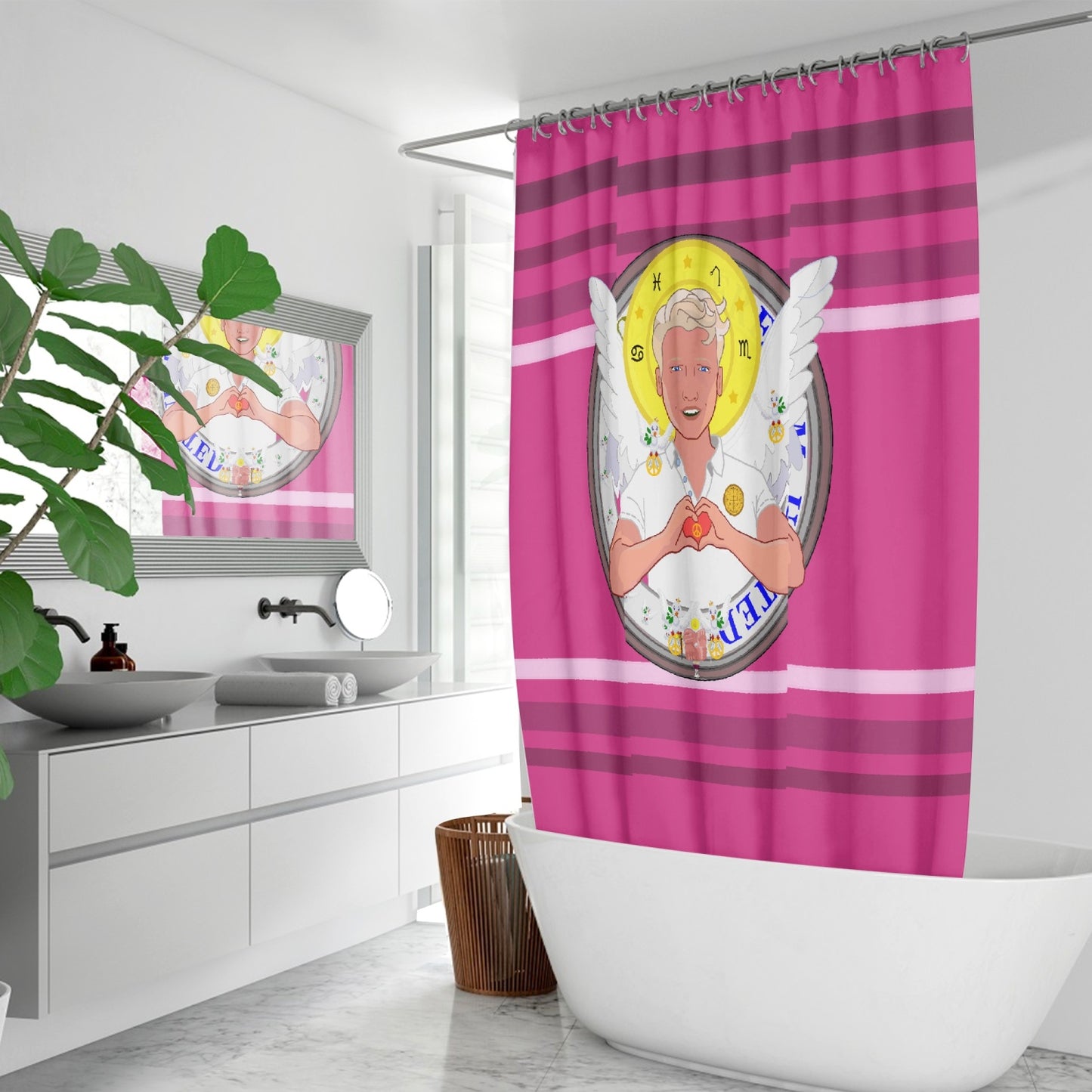 Quick-drying Shower Curtain GLOBAL FREEDOM UNITED© Archangel Rafael Pink2