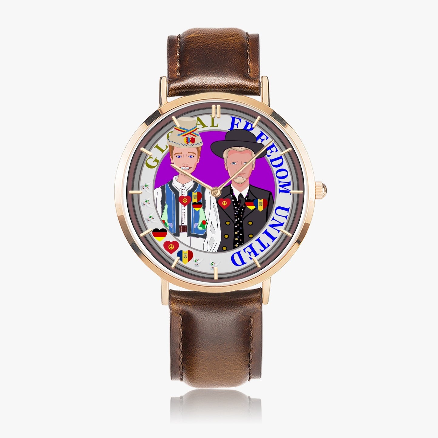 Hot Selling Ultra-Thin Leather Strap Quartz Watch (Rose Gold With Indicators) GLOBAL FREEDOM UNITED MEN ROMANIA & GERMANY