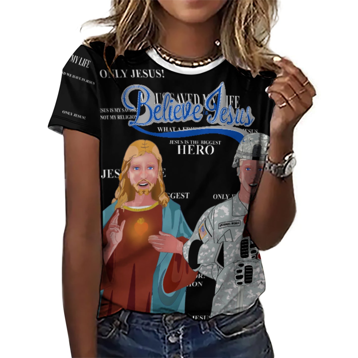 Women´s T-shirt  Black GLOBAL FREEDOM UNITED© Jesus Is A Hero For US American Soldiers