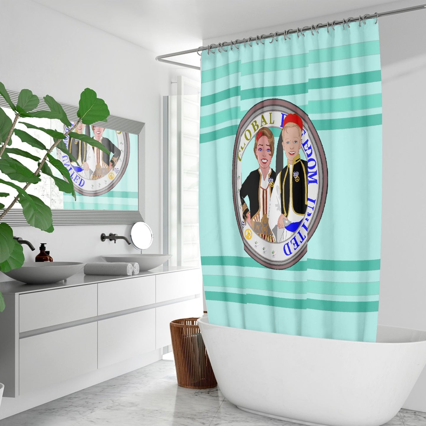GLOBAL FREEDOM UNITED© Couple Greece Light Green Quick-drying Shower Curtain