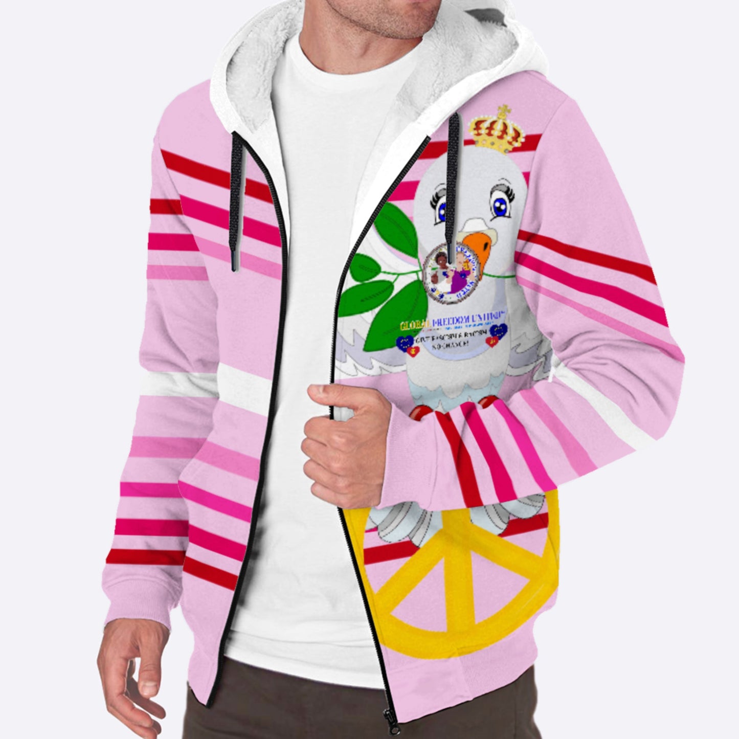 Plush Hoodie GLOBAL FREEDOM UNITED© Men Anti Racism & Fascism Pink1