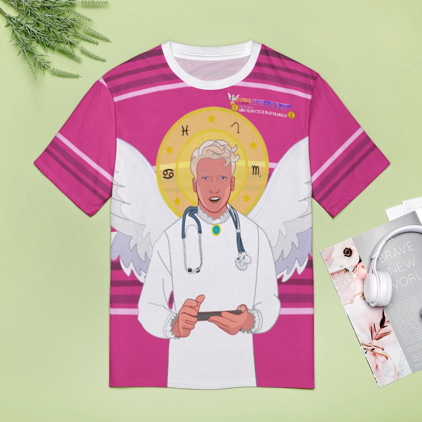 Women´s T-shirt GLOBAL FREEDOM UNITED© Archangel Rafael Old Latin Pink2