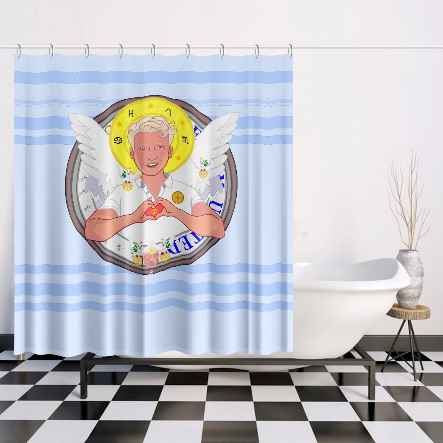 Quick-drying Shower Curtain GLOBAL FREEDOM UNITED© Archangel Rafael Light Blue