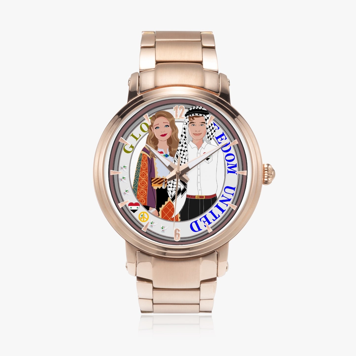 GLOBAL FREEDOM UNITED© Couple Syria New Steel Strap Automatic Watch (With Indicators)