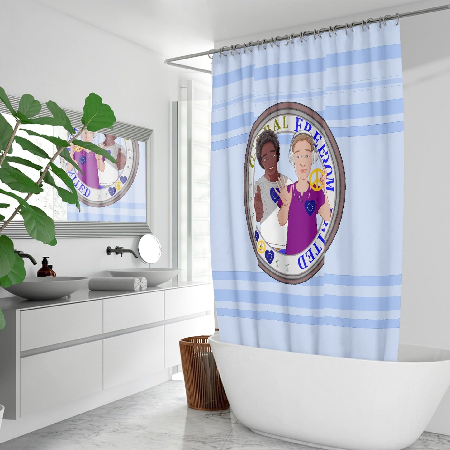 Quick-drying Shower Curtain  GLOBAL FREEDOM UNITED© Men Anti Fascism & Racism EU Light Blue