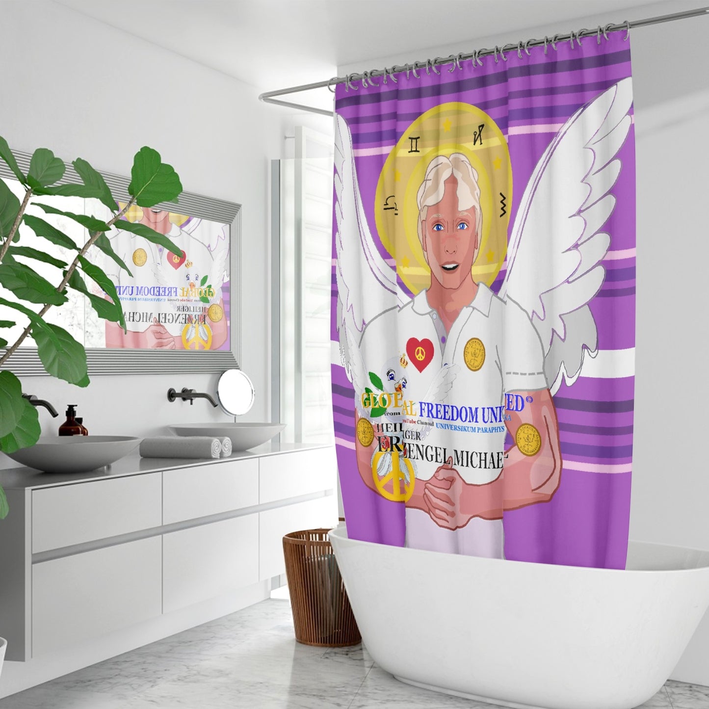 Quick-drying Shower Curtain GLOBAL FREEDOM UNITED ARCGANGEL MICHAEL GERMAN LILAC