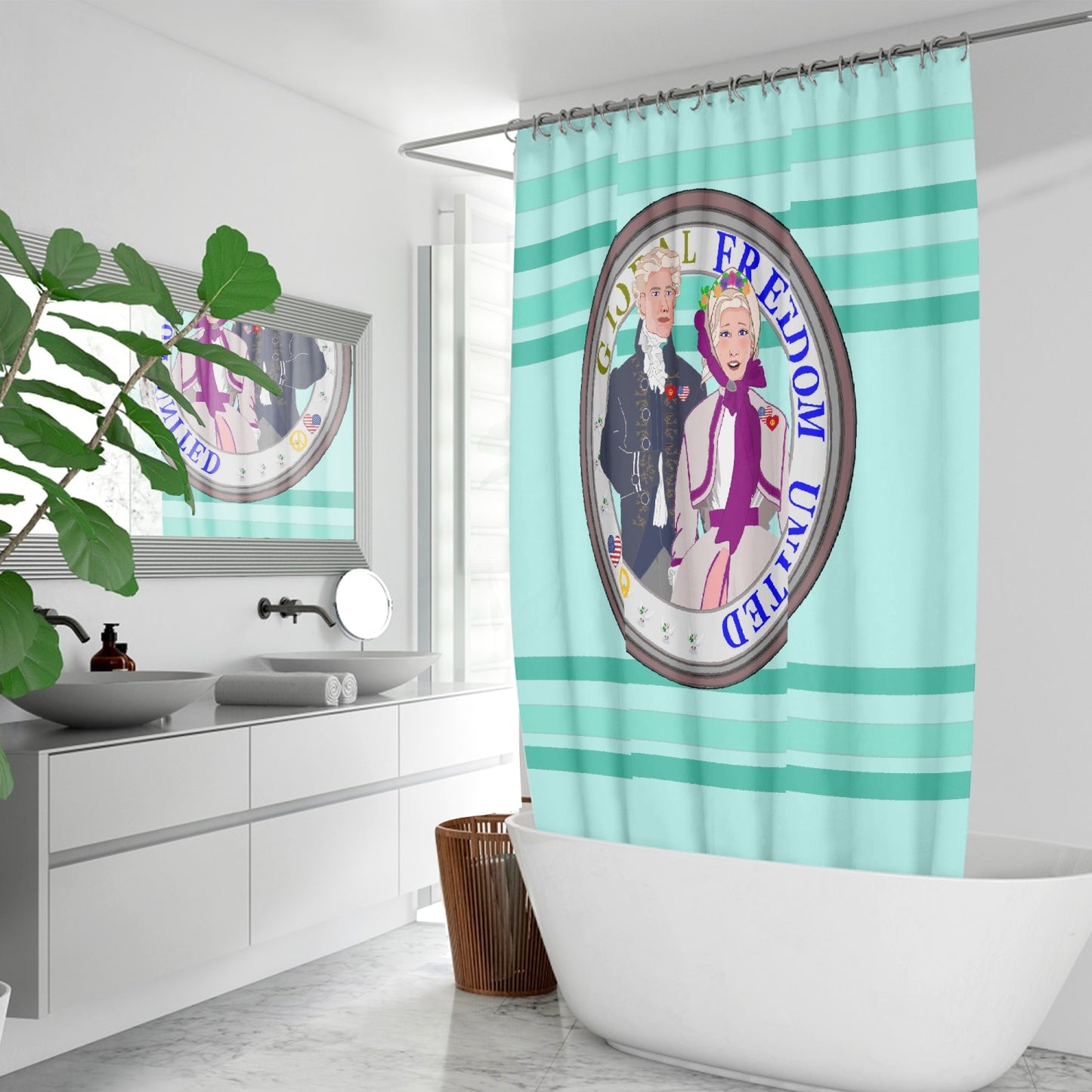 GLOBAL FREEDOM UNITED© Couple USA Georg Washington Light Green - Quick-drying Shower Curtain