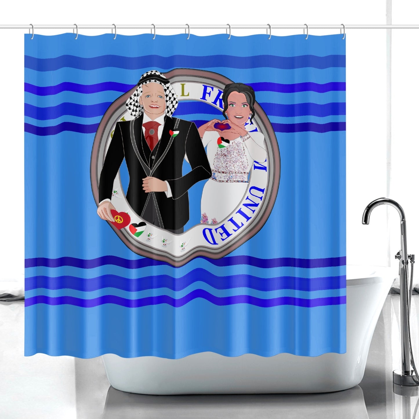 GLOBAL FREEDOM UNITED© Couple Palestina Deep Blue - Quick-drying Shower Curtain