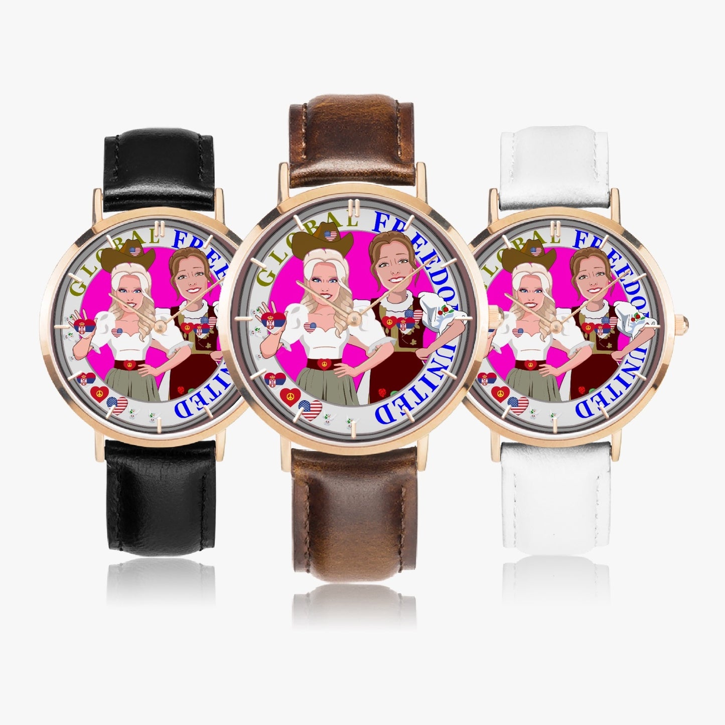 GLOBAL FREEDOM UNITED© Hot Selling Ultra-Thin Leather Strap Quartz Watch (Rose Gold With Indicators) Women Serbia & USA