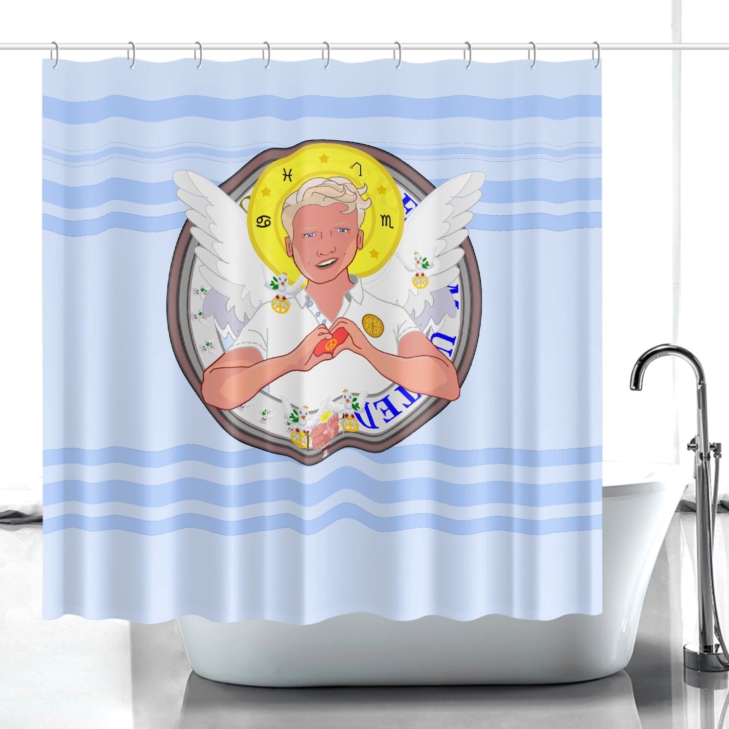 Quick-drying Shower Curtain GLOBAL FREEDOM UNITED© Archangel Rafael Light Blue