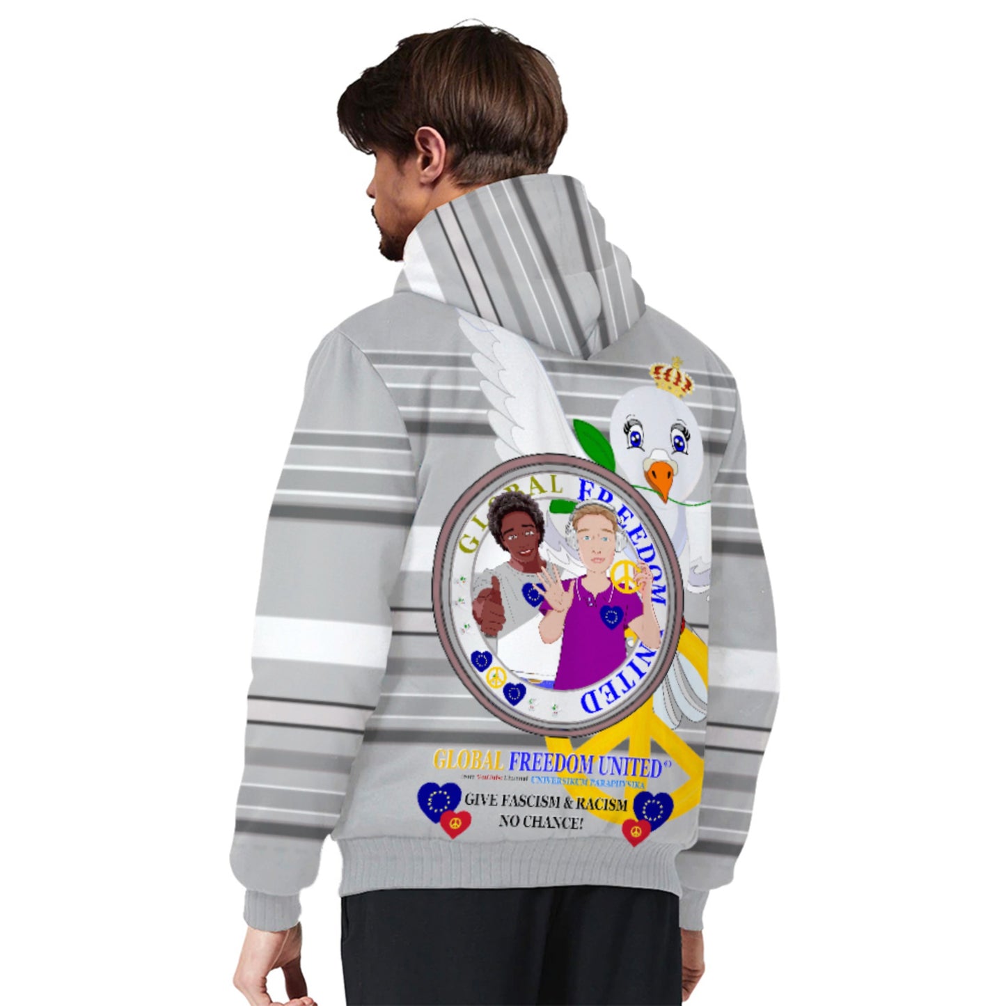 Plush Hoodie GLOBAL FREEDOM UNITED© Men Anti Racism & Fascism Grey