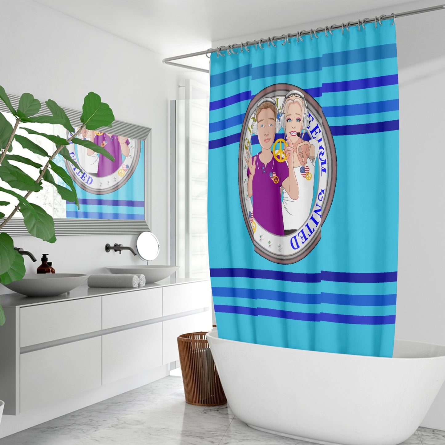 Quick-drying Shower  Curtain GLOBAL FREEDOM UNITED© Couple USA Wight American Deep Blue